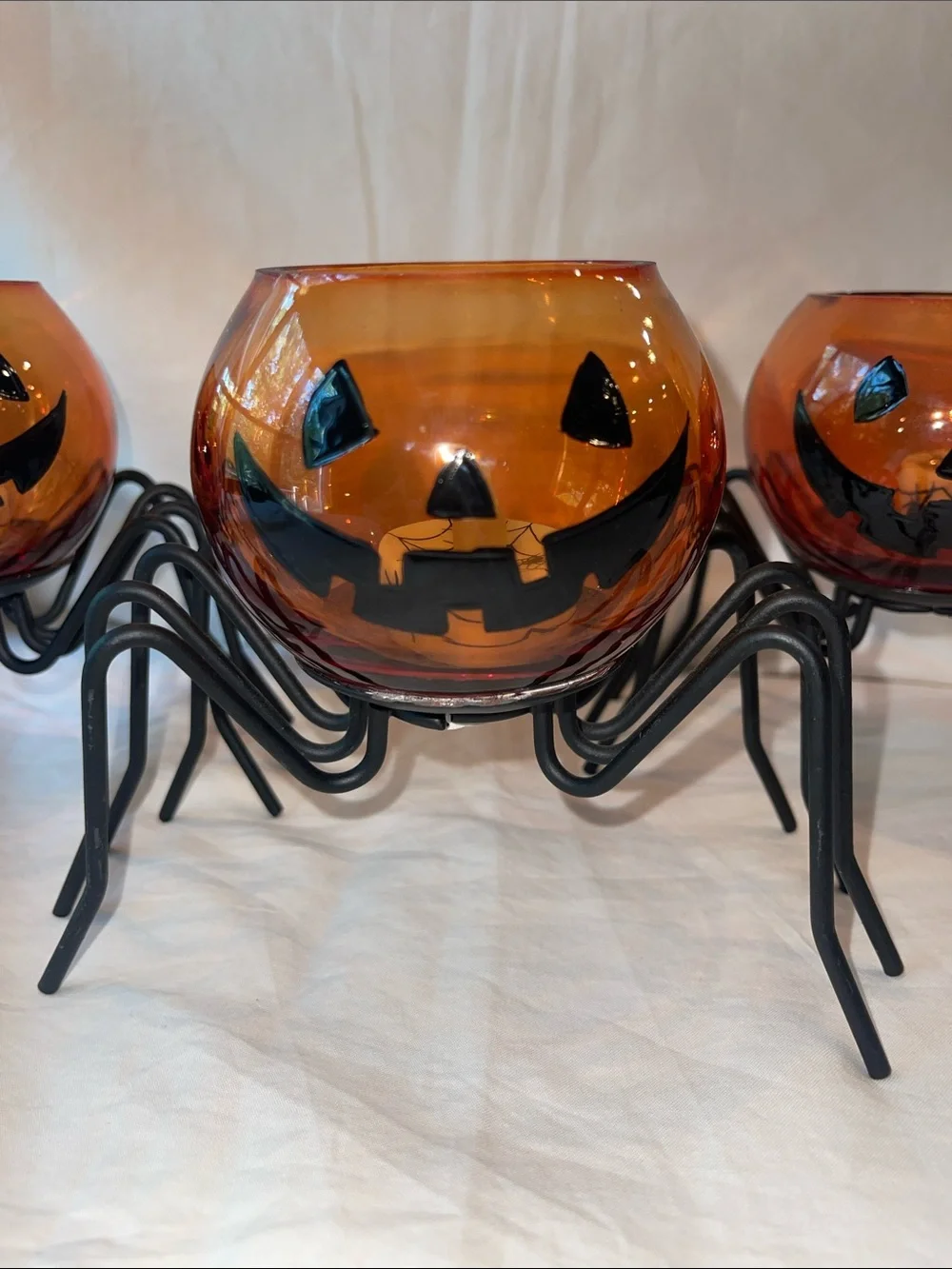 Set of 3 Glass Pumpkin Spider tea light holders